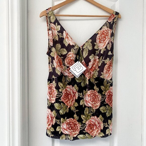 PACO Rabanne - Brown / Pink Multi Silk & Velvet Mixed Media Floral Rose V-Neck - Picture 8 of 14